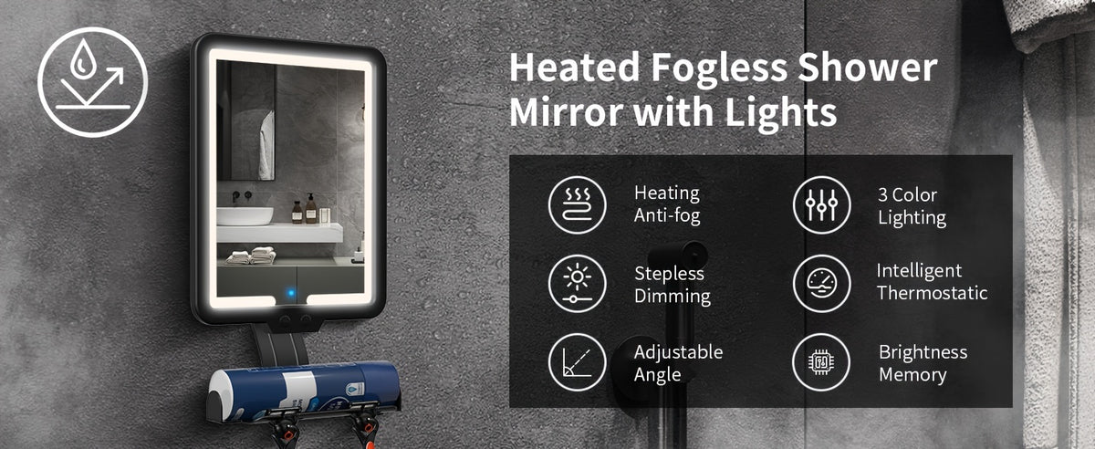 Heated Fog-Free Shower Mirror with LED Light 9.5x7 Inch | Detachable Fogless Bath Mirror with Shaving Foam Base, 2 Razor Holders & 3-Color Adjustable Brightness
