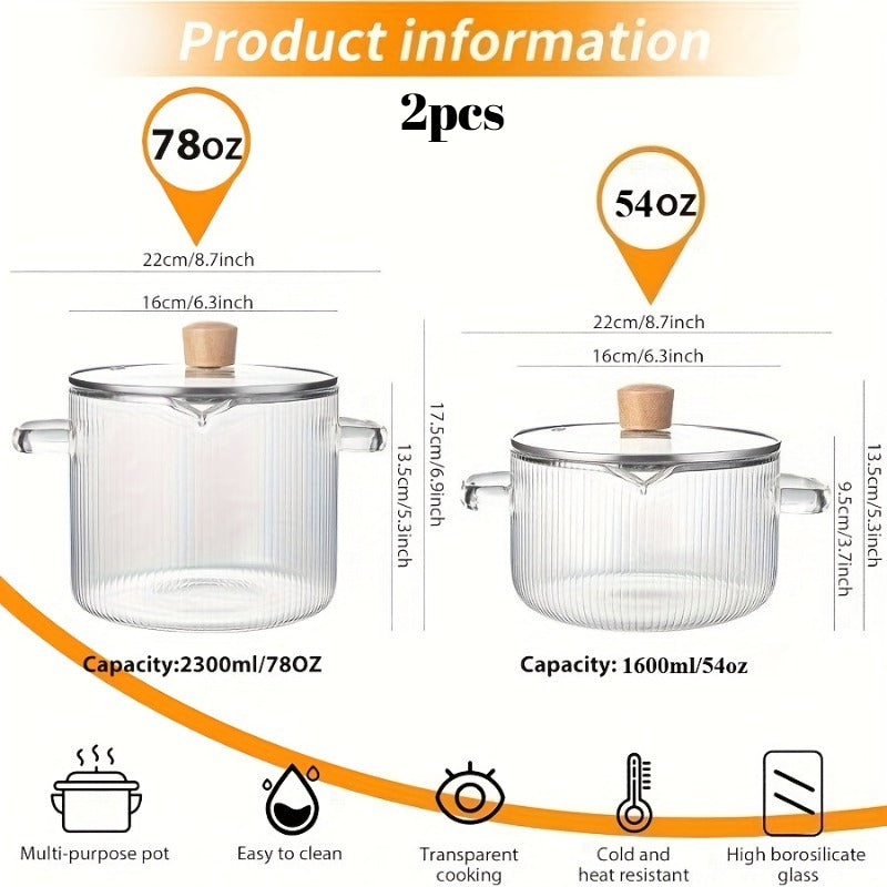 Borosilicate Glass Pots with Lids Set of 2 Stovetop Safe 78Oz & 54Oz Saucepan for Soup Ramen Milk Heat Resistant