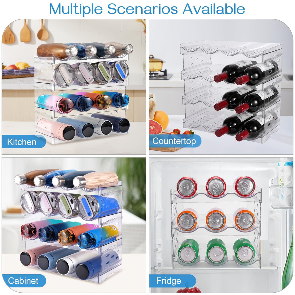 Stackable Water Bottle Organizer 4 Tier Clear – Large Compartment Bottle Holder Rack for Cabinet, Kitchen Organization & Storage, Holds Up to 16 Bottles