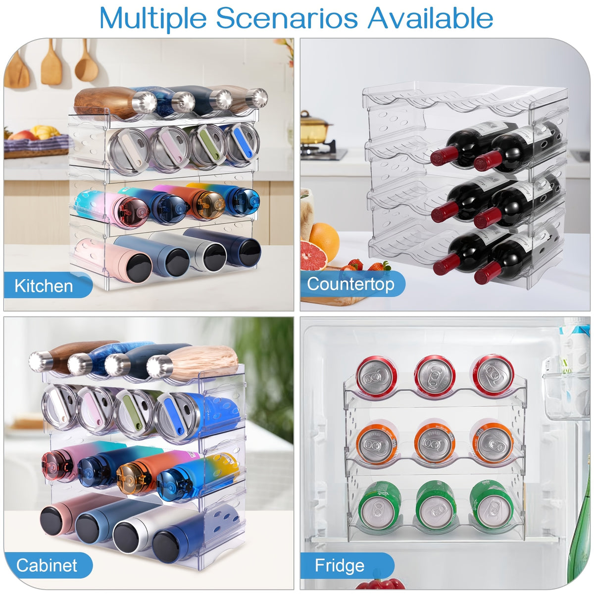 Stackable Water Bottle Organizer 4 Tier Clear – Large Compartment Bottle Holder Rack for Cabinet, Kitchen Organization & Storage, Holds Up to 16 Bottles