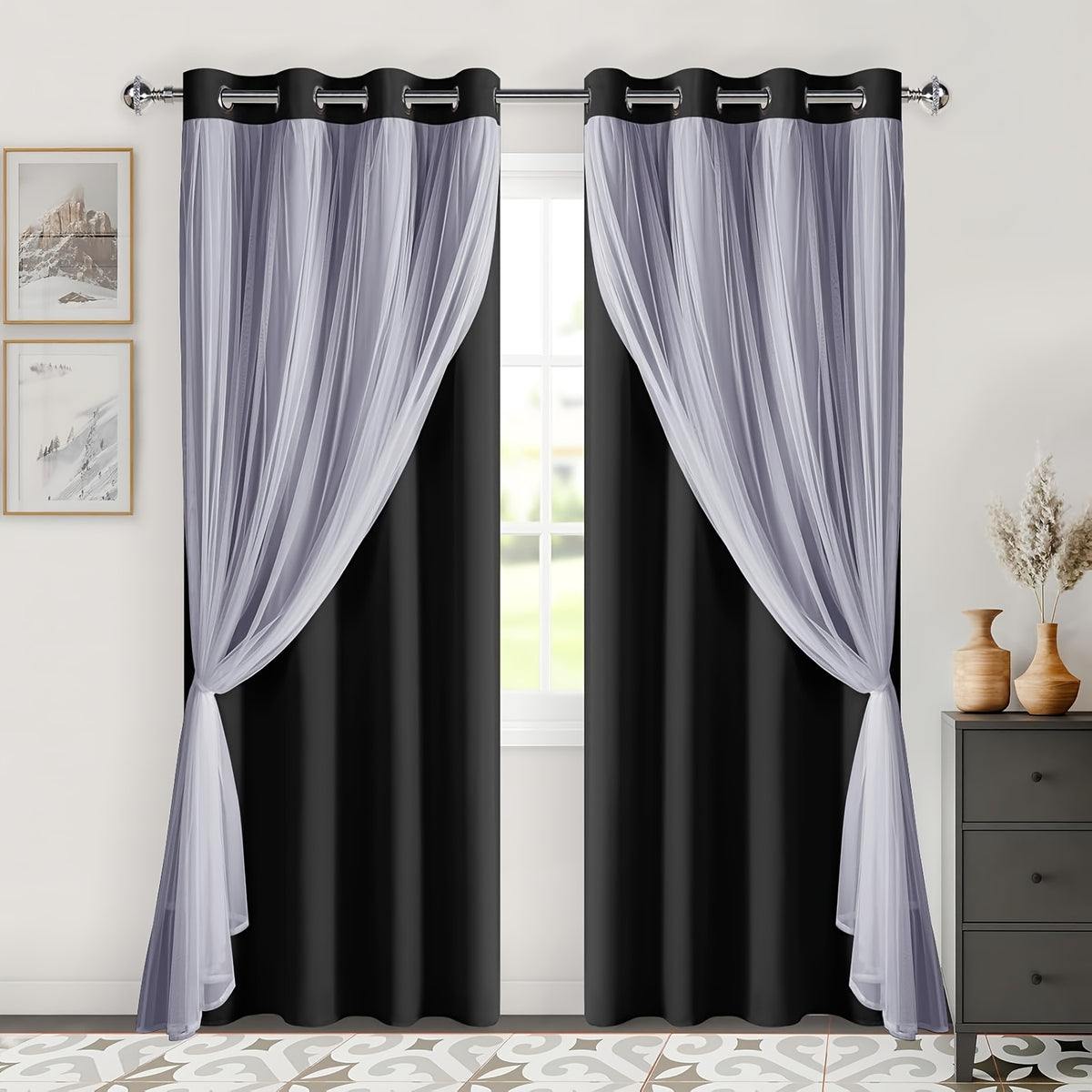 Double Layer Blackout Curtains with Sheer Overlay 2 Panels - Grommet Top Thermal Insulated Mix & Match Window Drapes with Tiebacks for Bedroom Living Room, All Season