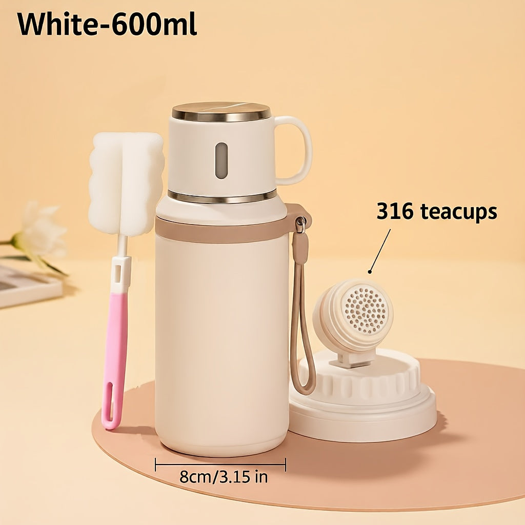 Insulated Water Bottle 600ml Stainless Steel Double Wall Vacuum Leak-Proof with Handle & Cleaning Brush for Outdoor Travel Office Gym