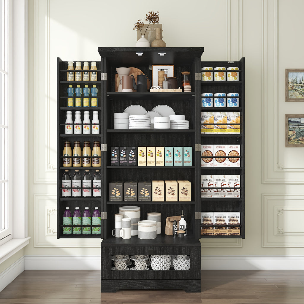 55 Inch Pantry Cabinet Kitchen Storage Cabinet with Adjustable Shelves and Drawer Wooden Buffet Cupboard for Kitchen Living Room Bathroom Dining Room Black White Brown