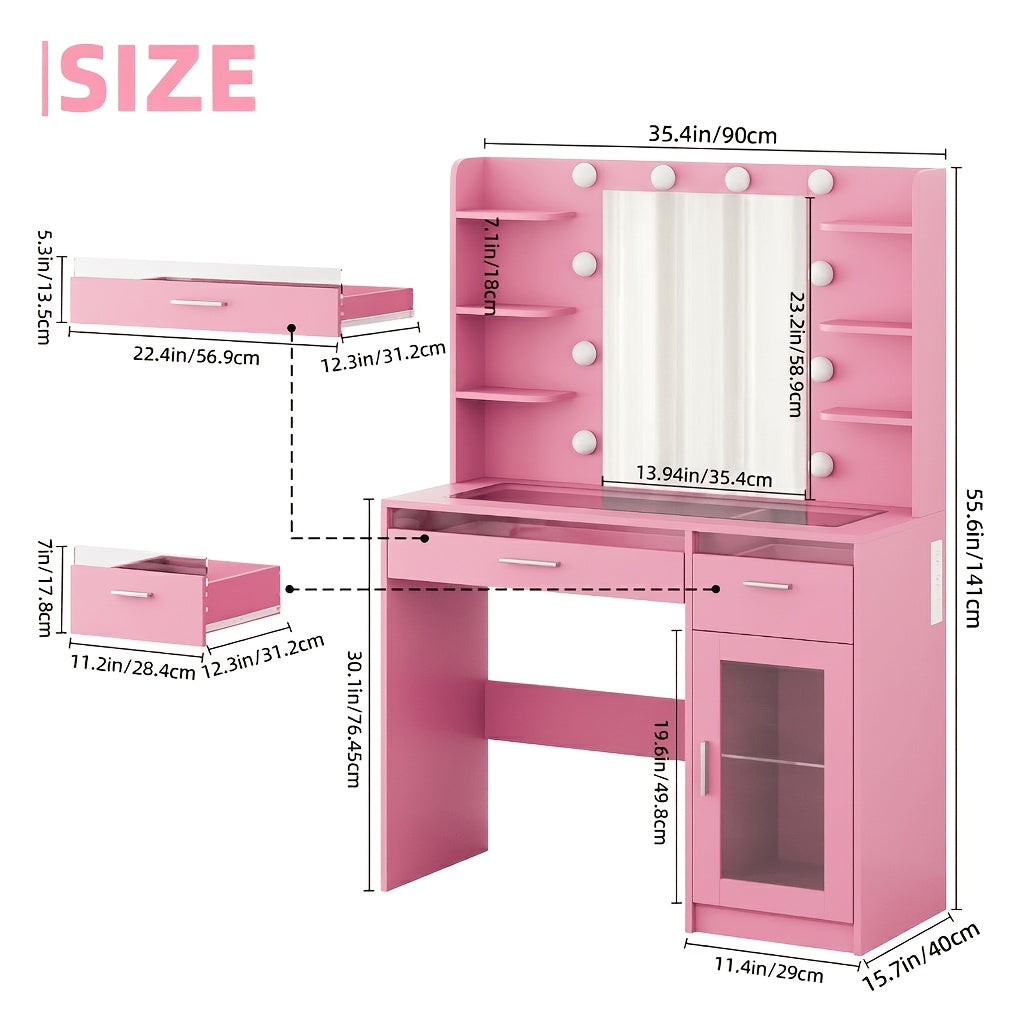Vanity Desk with Lighted Mirror | 3-Color LED Lights, Multiple Drawers, Open Storage & Power Outlet – White Bedroom Makeup Vanity