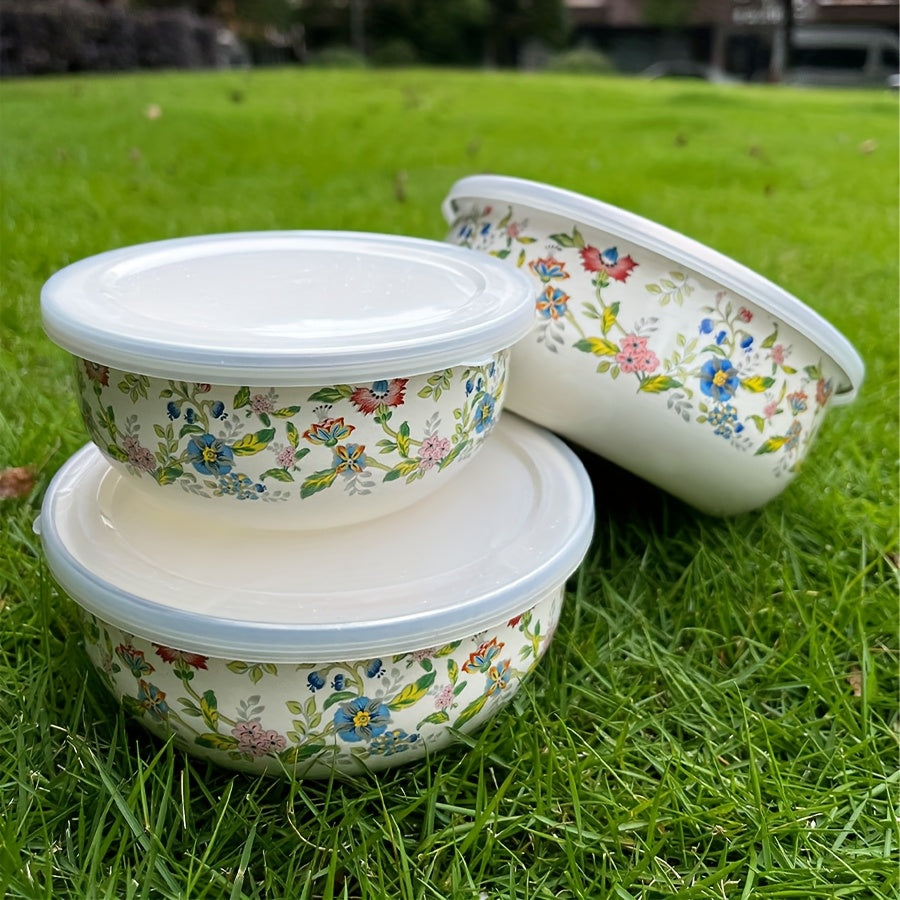 3-Piece Enamel Sealed Container Set with Lids – Fresh-Keeping Food Storage Bowls for Fruit, Vegetables, Soup & Salad | Lunch Box, School & Home | Rose & Floral Styles