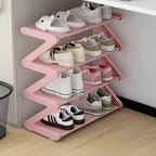 4-Tier Z-Shaped Shoe Rack Freestanding Metal Shoe Organizer for Entryway Hallway Dorm Living Room – No Tools Needed in Pink or Grey