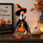 Witch Goose Dress-Up Set 4 Piece – 7-Inch Halloween Goose Statue Costume with Black Mesh Cape, Hat, Lining & Pumpkin Broom | Tabletop Goose Decor Outfit for Indoor & Porch Decoration
