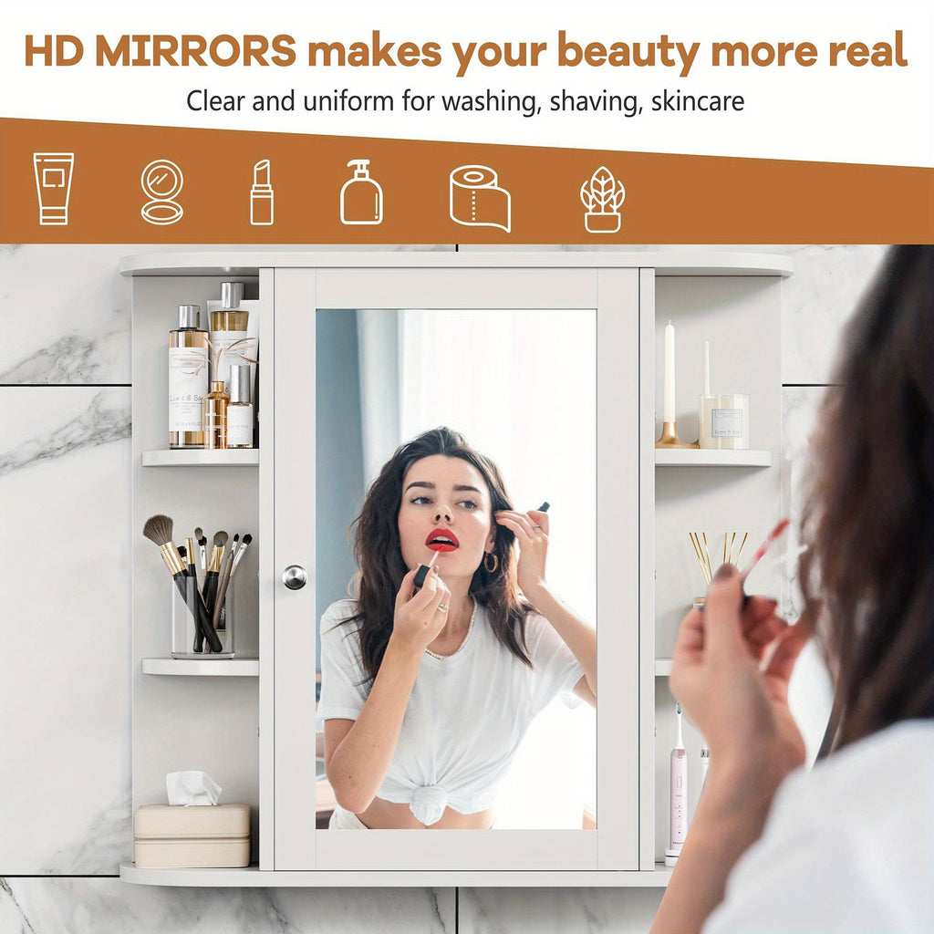 Wall Mounted Bathroom Medicine Cabinet with Mirror and 6 Open Side Shelves - White Wall Cabinet with Mirror for Bathroom Storage, Modern Medicine Cabinet Over Toilet or Vanity