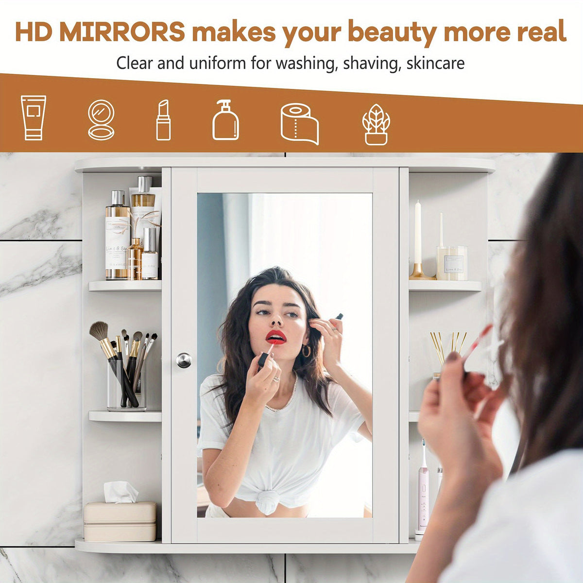 Wall Mounted Bathroom Medicine Cabinet with Mirror and 6 Open Side Shelves - White Wall Cabinet with Mirror for Bathroom Storage, Modern Medicine Cabinet Over Toilet or Vanity