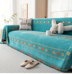 Chenille Boho Sofa Cover with Embroidered Detail – Machine Washable Slipcover for 1 2 3 4 Seater Sectional Couches, Extra Large Sizes, No Padding, 4 Colors
