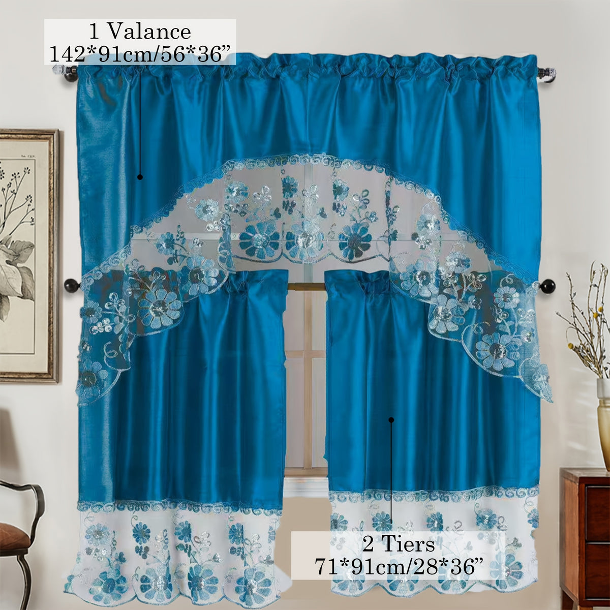 Kitchen Curtains 3 Piece Set with Valance and 2 Tiers – Faux Embroidery Semi-Sheer Rod Pocket Cafe Curtains for Kitchen Window, Dining Room, Bathroom, Lightweight Machine Washable