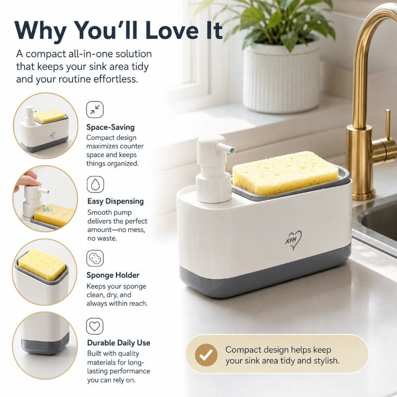 Kitchen Soap Dispenser with 2 Sponges & Dish Brush Holder | BPA-Free Refillable Transparent Pump Dispenser for Sink | Compact Square Design | Black or White