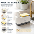 Kitchen Soap Dispenser with 2 Sponges & Dish Brush Holder | BPA-Free Refillable Transparent Pump Dispenser for Sink | Compact Square Design | Black or White