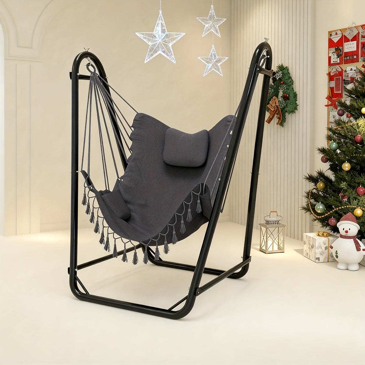 U-Shaped Hammock Chair Stand Double Tube Steel 350 lbs Capacity Rust-Resistant Powder Coat Indoor Outdoor Hanging Lounge Chair with Side Pocket Free Grey Swing