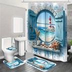 Lighthouse Shower Curtain Set 4 Piece - Window View Pattern Bathroom Set with Shower Curtain, Toilet Seat Cover, U-Shape Mat & 12 Hooks, Apartment Hotel Bathroom Decor