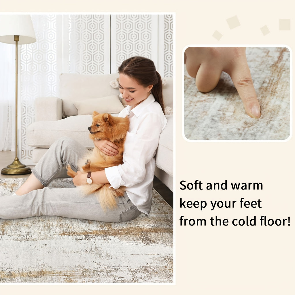 Modern Abstract Area Rug – Non-Slip Rubber Backing Washable Low Pile Rug for Bedroom Kitchen Entryway Dorm | Beige & Camel, 3 Sizes