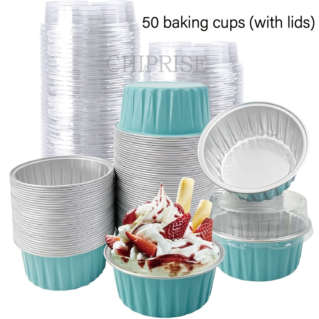 Aluminum Foil Baking Cups with Lids – Assorted Color Cupcake & Muffin Tins for Parties, Weddings & Events | 50-Pack with Lids or 30-Set with Spoons