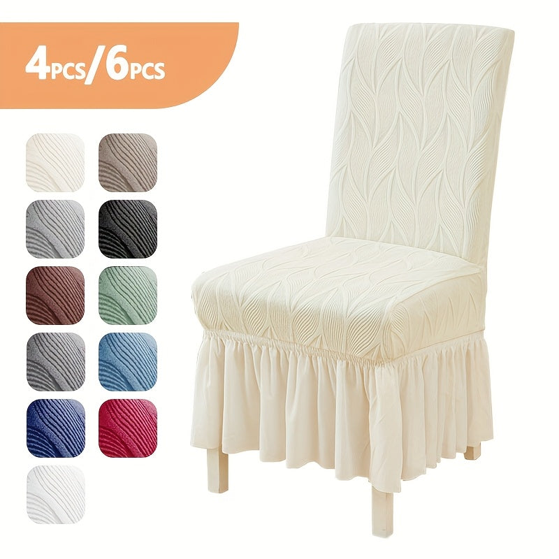 Jacquard Leaf Stretch Dining Chair Covers with Skirt 4 or 6 Pack, Universal Removable Parsons Chair Slipcovers for Dining Room Kitchen Wedding Party Banquet