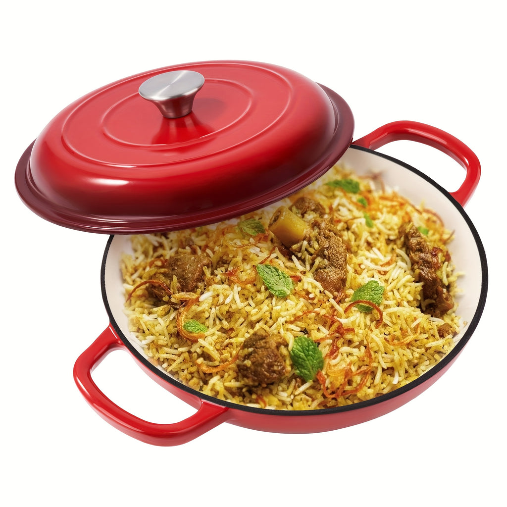 Enamel Cast Iron Dutch Oven 3QT with Lid – Shallow Wide Bottom, Double Handle, 4 Colors (Red, Blue, Green, Orange) | All Stove Types Compatible – Perfect for Cooking, Stewing & Braising
