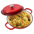 Enamel Cast Iron Dutch Oven 3QT with Lid – Shallow Wide Bottom, Double Handle, 4 Colors (Red, Blue, Green, Orange) | All Stove Types Compatible – Perfect for Cooking, Stewing & Braising
