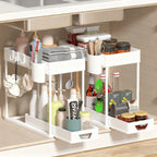 Bathroom Shelves Set of 2 – Punch-Free Retractable 2-Tier Storage Rack with Hooks & Hanging Cups for Bathroom, Kitchen & Laundry