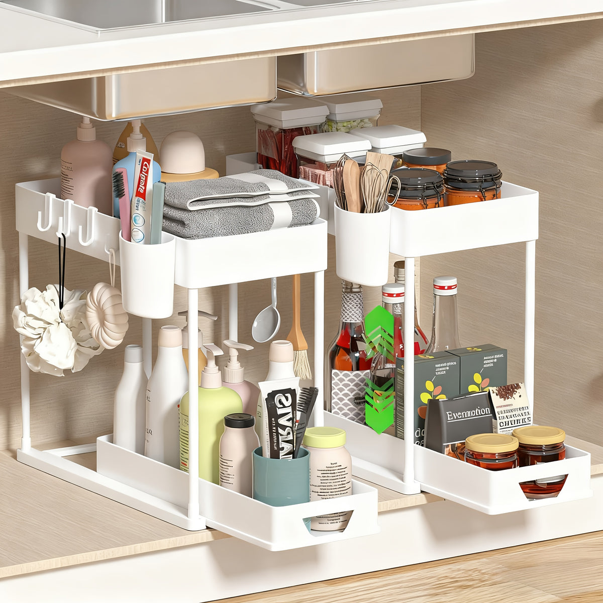 Bathroom Shelves Set of 2 – Punch-Free Retractable 2-Tier Storage Rack with Hooks & Hanging Cups for Bathroom, Kitchen & Laundry
