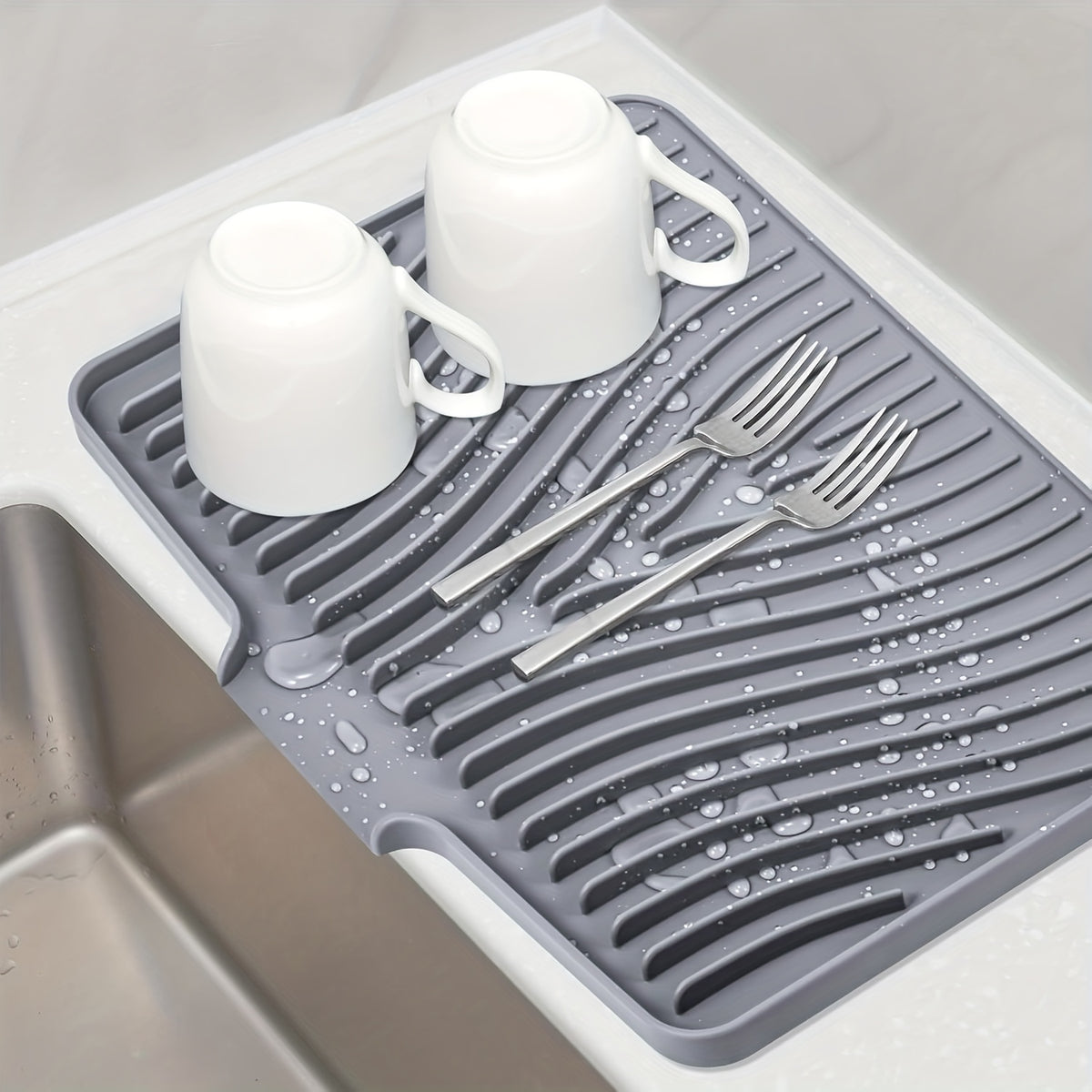 Large Silicone Dish Drying Mat & Drain Pad 34.5x19in – Slope Drainage Design, Heat Resistant, Countertop Protector for Kitchen & Bathroom