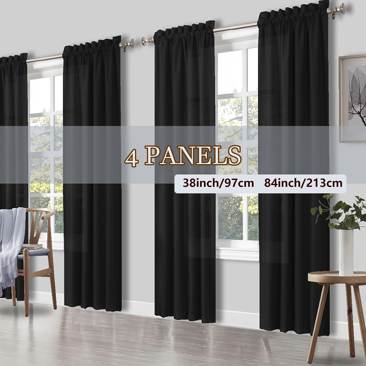 Solid Color Rod Pocket Light Filtering Curtains – 4 Panels Set for Living Room, Bedroom & Office | Multiple Sizes & 10 Colors | Simple Modern Window Panels