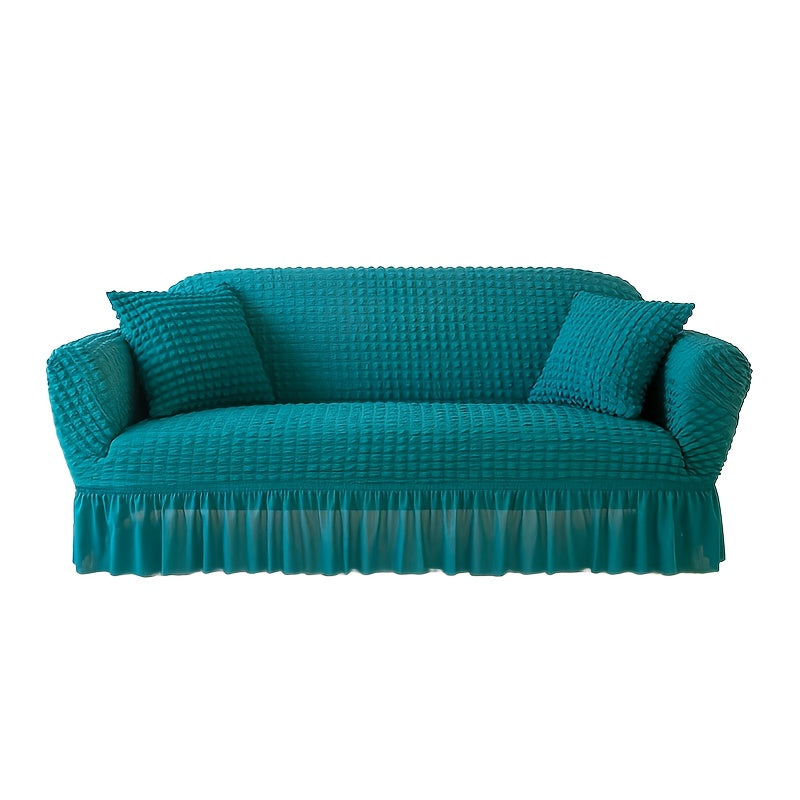 Seersucker Sofa Cover All-In-One Stretch Slipcover – Elastic Band Polyester Spandex Machine Washable Couch Protector for Armchair Loveseat 1 2 3 4 Seater Solid Color
