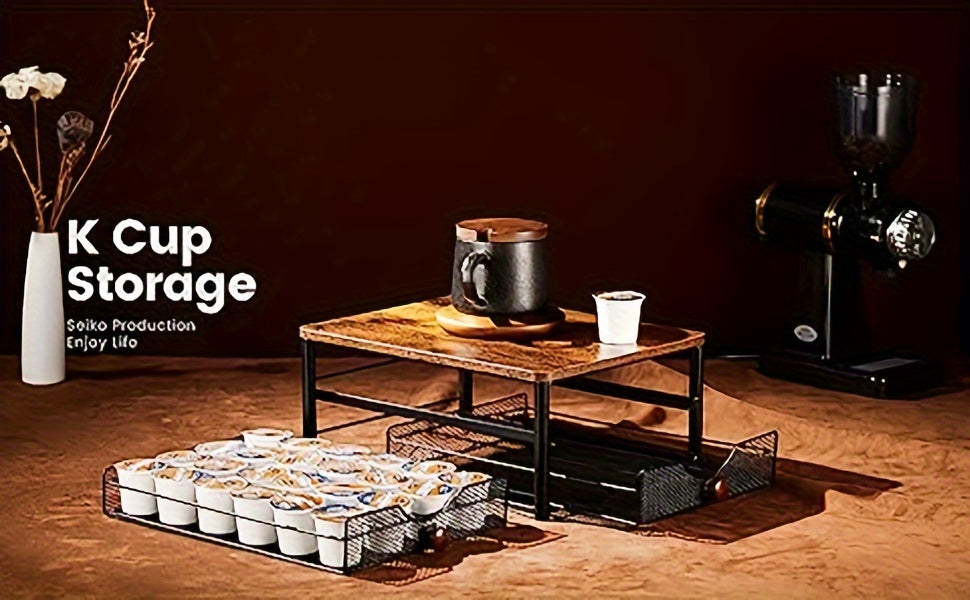 2-Tier K-Cup Coffee Pod Holder Stand | 48 Capsule Wood & Iron Coffee Station Organizer Space Saving Rack