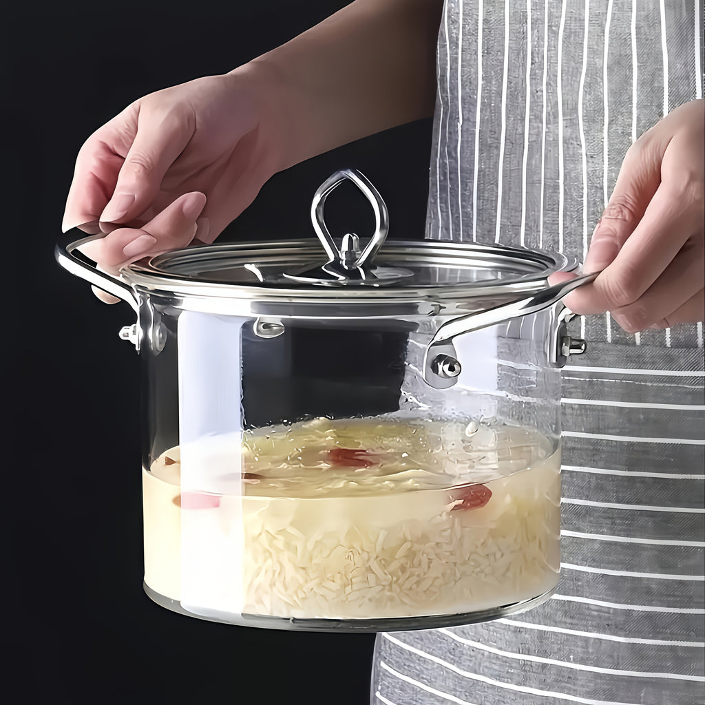 Stainless Steel Handle Glass Pot with Lid – Non-Stick Heat-Resistant Soup Stew Pot, Induction & Electric Ceramic Stove Compatible, 3.5L or 5.5L, Includes Insulation Pad & Scouring Pad