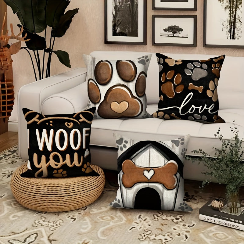 Dog Paw Print Pillow Covers Set of 4, 18x18 Inch Black Double-Sided Rustic Cottage Cushion Covers with Zipper, Outdoor Porch Home Decor Gift for Dog Lovers & Pet Owners