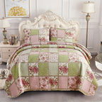 Patchwork Quilt Set 3-Piece Boho Reversible Coverlet Queen King Size Soft Lightweight Bedspread with 2 Pillow Shams All-Season Floral Stripes Bedroom Decor