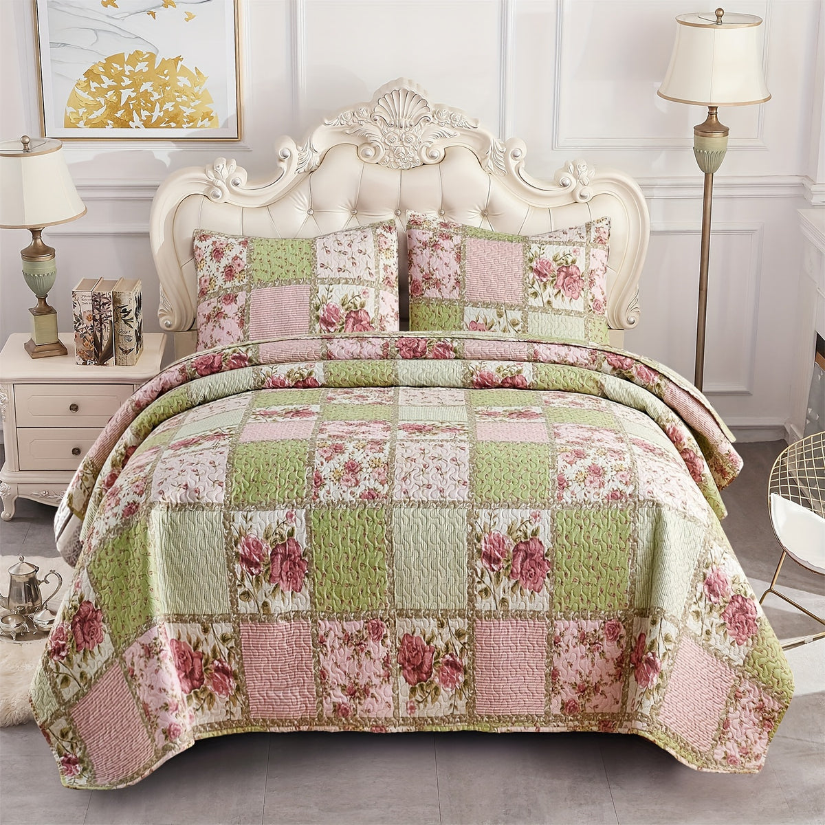 Patchwork Quilt Set 3-Piece Boho Reversible Coverlet Queen King Size Soft Lightweight Bedspread with 2 Pillow Shams All-Season Floral Stripes Bedroom Decor