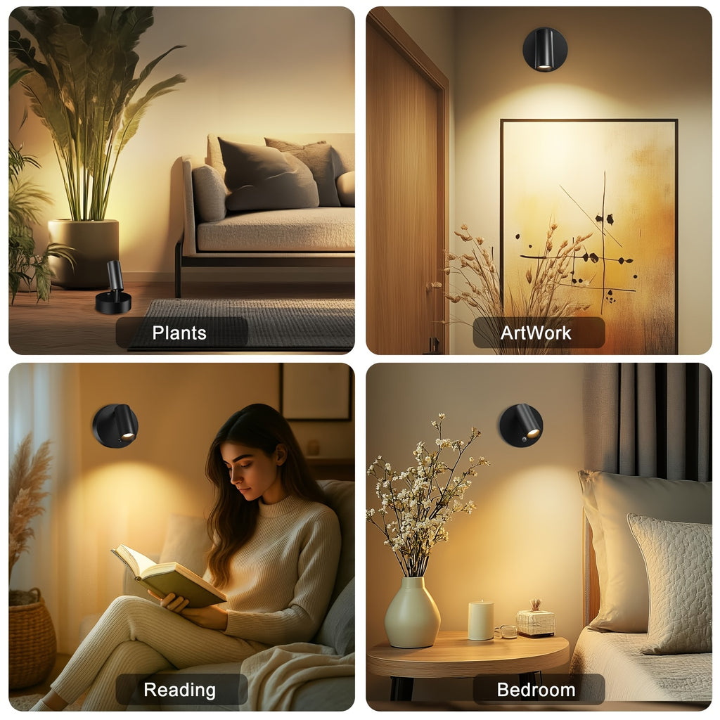 Wireless LED Spotlight 2-Pack Rechargeable Indoor Accent Uplighting 3 Color Dimmable for Plants Pictures Wall Art Decor – Black Gold White