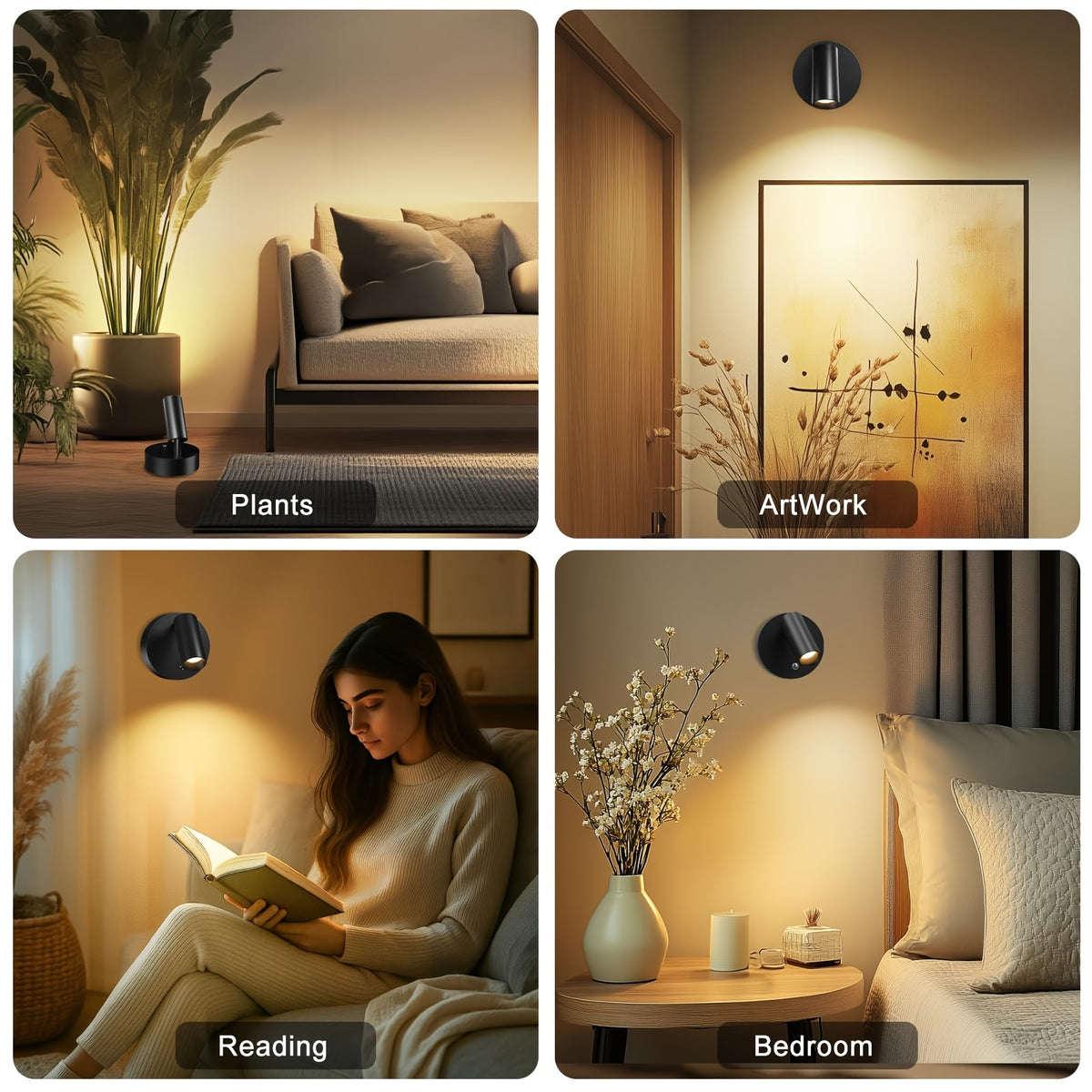 Wireless LED Spotlight 2-Pack Rechargeable Indoor Accent Uplighting 3 Color Dimmable for Plants Pictures Wall Art Decor – Black Gold White