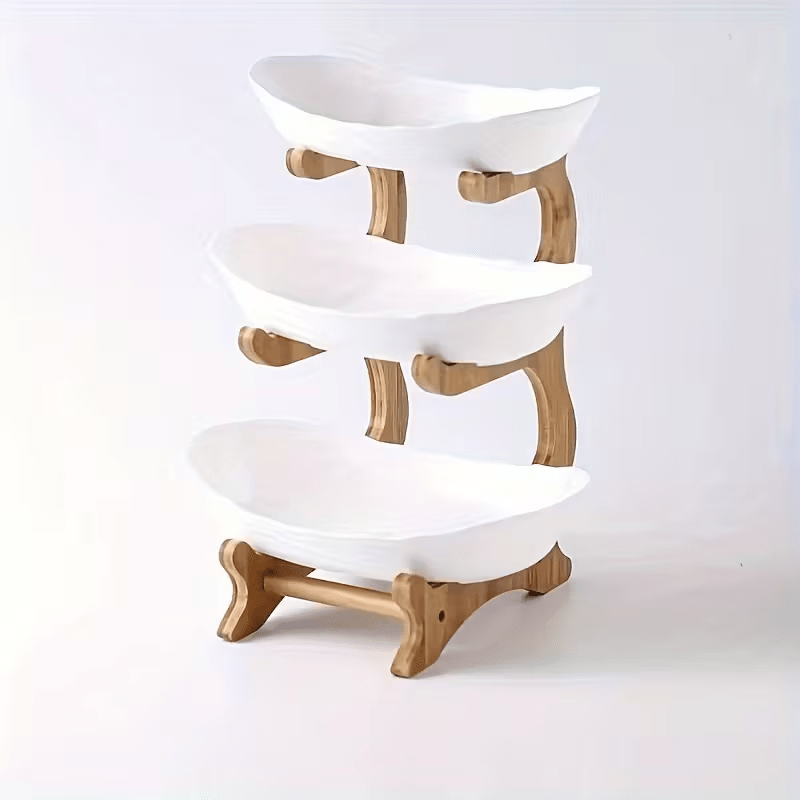 Stackable Tiered Fruit Plate with Wood-Look Design, 2 or 3 Tier Plastic Serving Tray Stand for Snacks, Bread & Fruit, Space-Saving Living Room Kitchen Countertop Organizer, Easy to Assemble