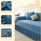 Luxury Skirted Sofa Cover Full Coverage Stretch Velvet Slipcover – Anti-Slip Pet-Friendly Couch Protector for 1/2/3/4-Seater, Soft Warm Furniture Cover in Navy Blue & Charcoal Gray for Winter Christmas Home Decor