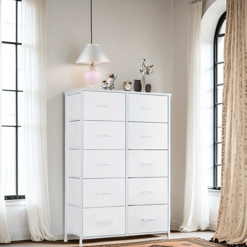 10-Drawer Fabric Storage Cabinet with Hardwood Tabletop | Dresser Organizer for Clothing Bags & Accessories | Black White Rust Gray