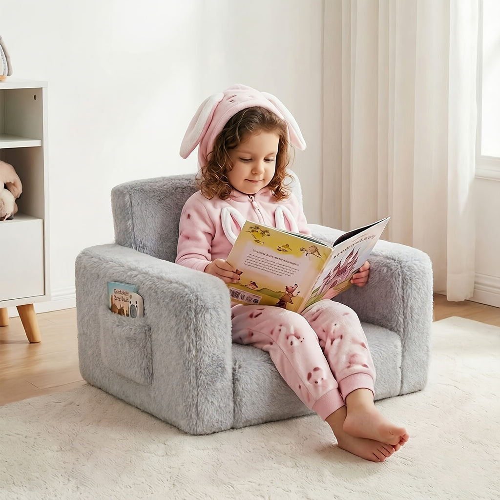 Kids Sofa Chair 2-in-1 Convertible Recliner – Soft Plush Velvet with Storage Pocket & Armrest Pockets, Folding Lounge Chair for Boys & Girls | Pink, Grey & White
