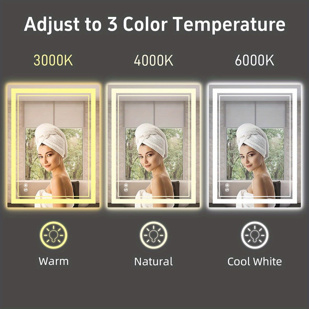 LED Bathroom Mirror with Anti-Fog, Dimmable 3-Color Lights & Stepless Brightness – Wall Mounted Vanity Mirror 24x36, 28x48, 32x40 Inch