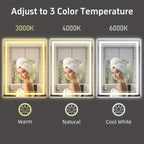 LED Bathroom Mirror with Anti-Fog, Dimmable 3-Color Lights & Stepless Brightness – Wall Mounted Vanity Mirror 24x36, 28x48, 32x40 Inch