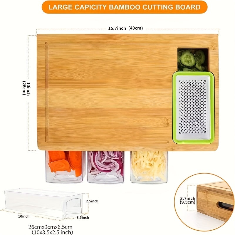 Bamboo Cutting Board with Food Container, Cheese Shredder & Juice Tank – All-in-One Wooden Carving Board for Vegetables, Meat & Cheese – Easy Grip Handle, Kitchen Prep Board