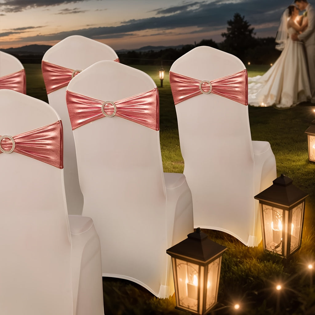 Spandex Chair Sash Bows 100-Pack Metallic Gold Silver Rose Gold Wedding Chair Belts Decorative Bow Ties for Banquet Event Party Chairs – Elastic Chair Bands for Wedding Reception Decoration