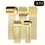 Elegant Golden Stainless Steel Cutlery Set 5-Piece – Knife, Fork, Soup Spoon & Dessert Spoon, Dishwasher Safe, for Home, Restaurant, Wedding & Celebrations