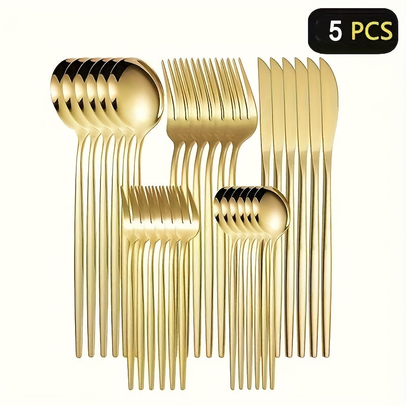 Elegant Golden Stainless Steel Cutlery Set 5-Piece – Knife, Fork, Soup Spoon & Dessert Spoon, Dishwasher Safe, for Home, Restaurant, Wedding & Celebrations