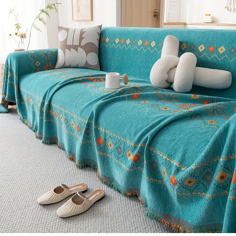 Chenille Boho Sofa Cover with Embroidered Detail – Machine Washable Slipcover for 1 2 3 4 Seater Sectional Couches, Extra Large Sizes, No Padding, 4 Colors