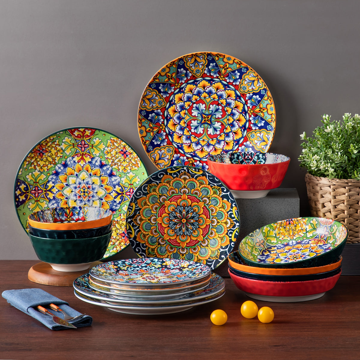 Bohemian Ceramic Dinnerware Set 16 or 24 Piece Stoneware Plates Bowls Tableware Colorful Floral Service for 4 or 6