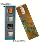 Chinese Landscape Painting Tea Cup Set of 4 – Kung Fu Tea Cups with Gift Box, Artistic Ceramic Teacups for Ceremony, Father’s Day & Holiday Gifting