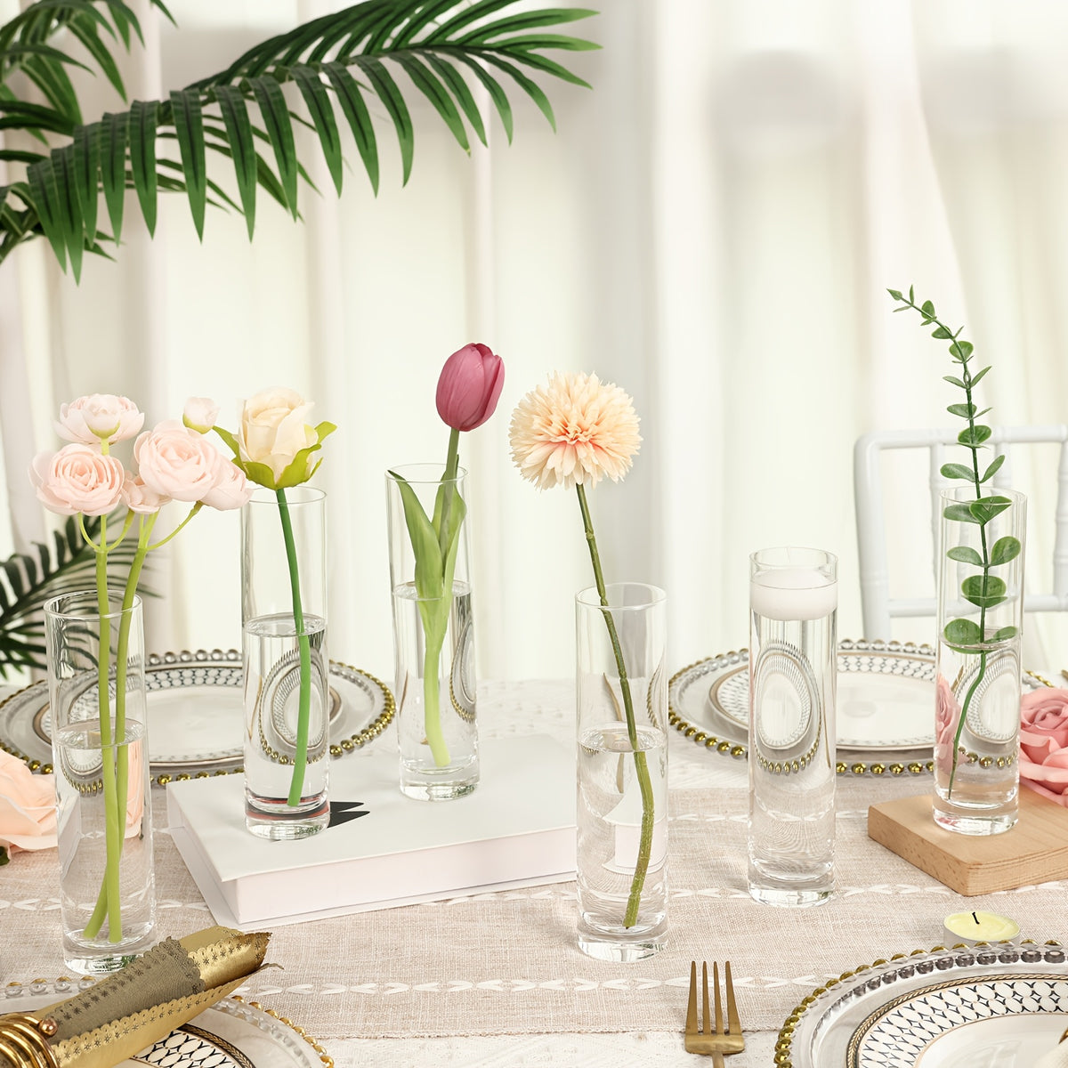 Glass Cylindrical Vase Bulk Set 15 30 50pcs – Handmade Clear Slender Vases for Wedding Centerpieces, Single Rose Display, Desk Aesthetics, Home & Party Table Decoration